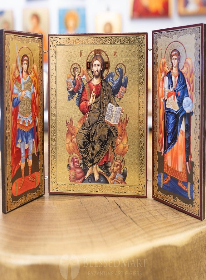 BlessedMart Orthodox Triptych Icon - Folding Wooden Byzantine Icon - Christian Religious Home Decor & Gift (Christ in Glory) - Image 2